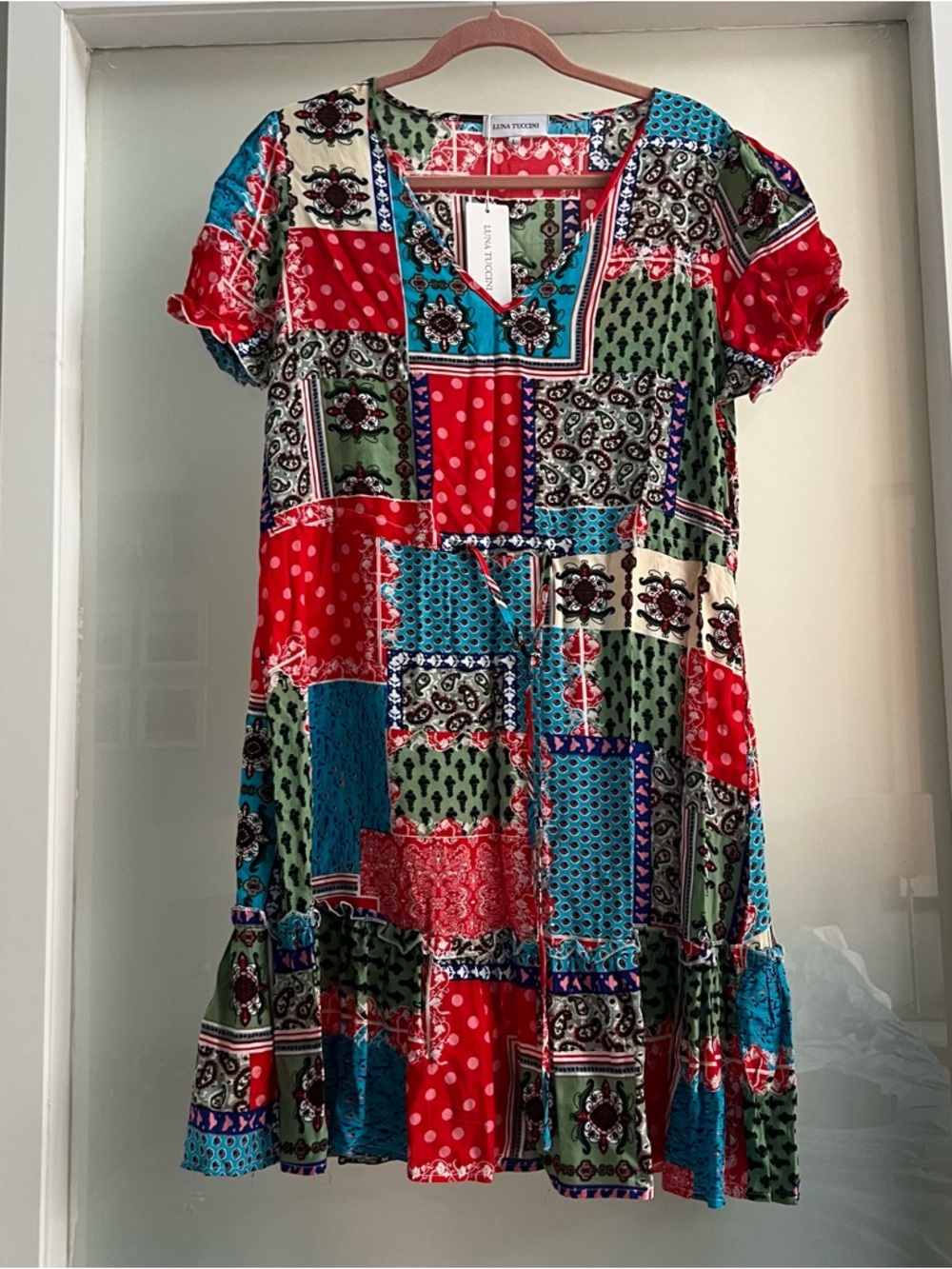 Luna Tuccini Red, Green, Teal Patchwork V-Neck Dress